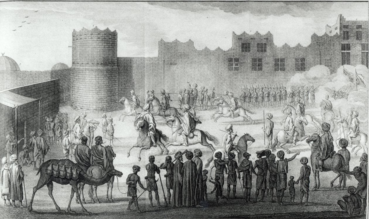 Arab Fighters Exercising in Yemen z Description of Arabia postarał się o własne obserwacje i opinie zebrane w tych samych miejscach przez Carstena Niebuhra, opublikowane 1774 autorstwa French School