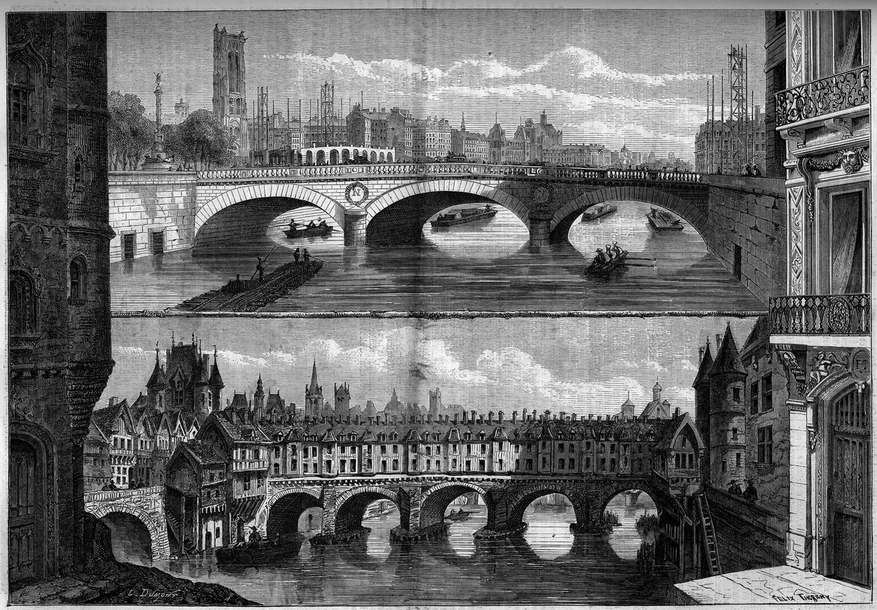Architektura, Paryż: widoki starego mostu au Change (1639-1647) w 1660 r. i nowego mostu wybudowanego w 1860 r. Grawer „”Le Monde Illustré” nr 184 z 20 października 1860 r. autorstwa French School