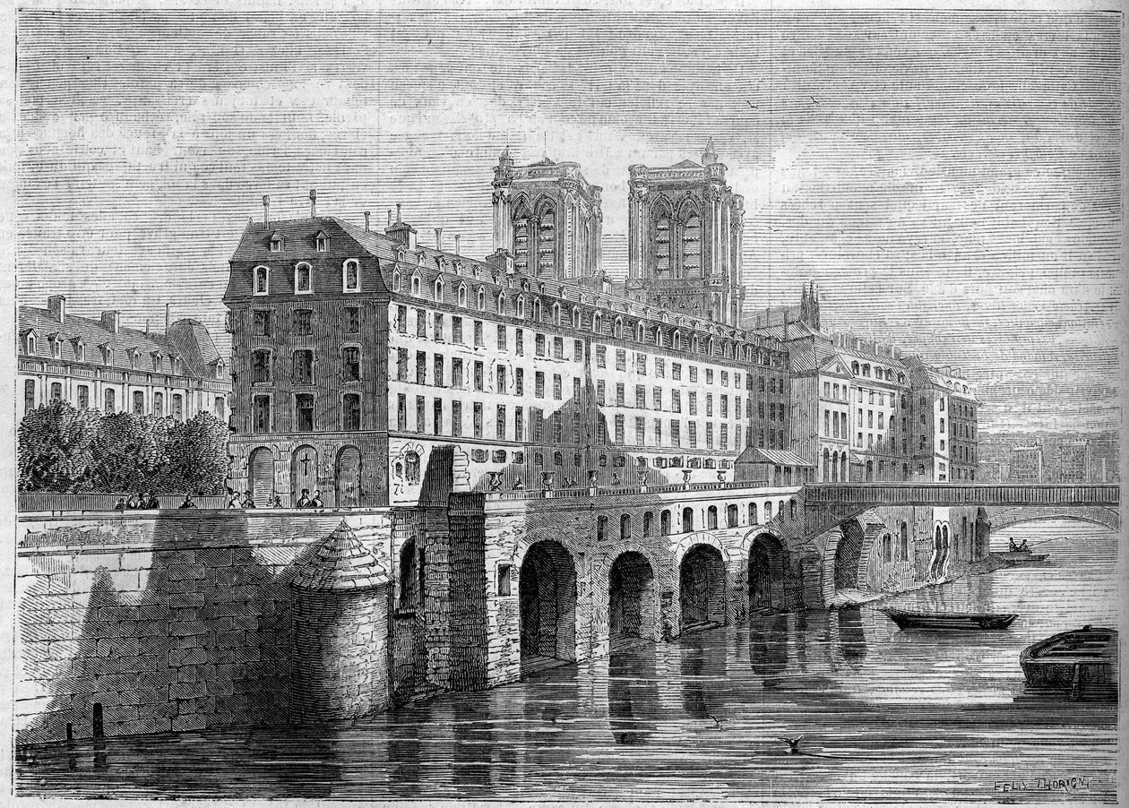 Architektura: widok zewnętrzny Hotelu Dieu na Ile de la Cite w Paryżu, przed jego rozbiórką. Widok z Quai de la Tournelle w 1859 r. Grawer w „Le Monde Illustré” nr 136 z 19 listopada 1859 r. autorstwa French School