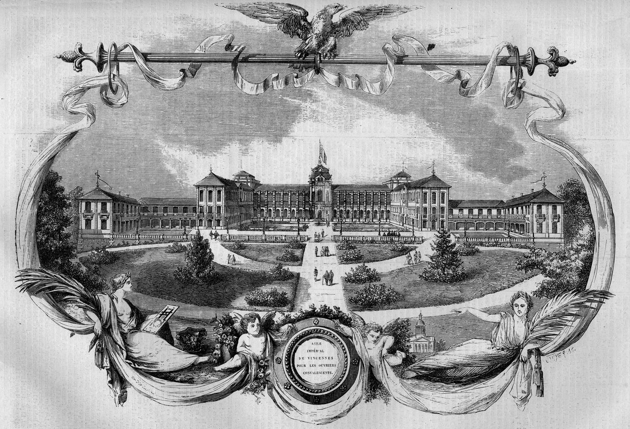 Architektura: fasada szpitala zwanego „Imperial Asylum w Vincennes” dla pracowników rekonwalescencji, zainaugurowanego w 1857 roku. Dziś nazywany jest „Szpitalem Narodowym św. Maurycego”, św. Maurycego (94). Grawerowanie w „”Le Monde Illustré””n°20 z dnia  autorstwa French School