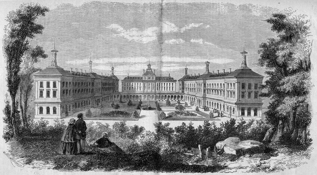 Architektura: widok ogólny szpitala wojskowego w Vincennes (1858). Grawer w „”Le Monde Illustré”” nr 61 z dnia 12 czerwca 1858 r. autorstwa French School