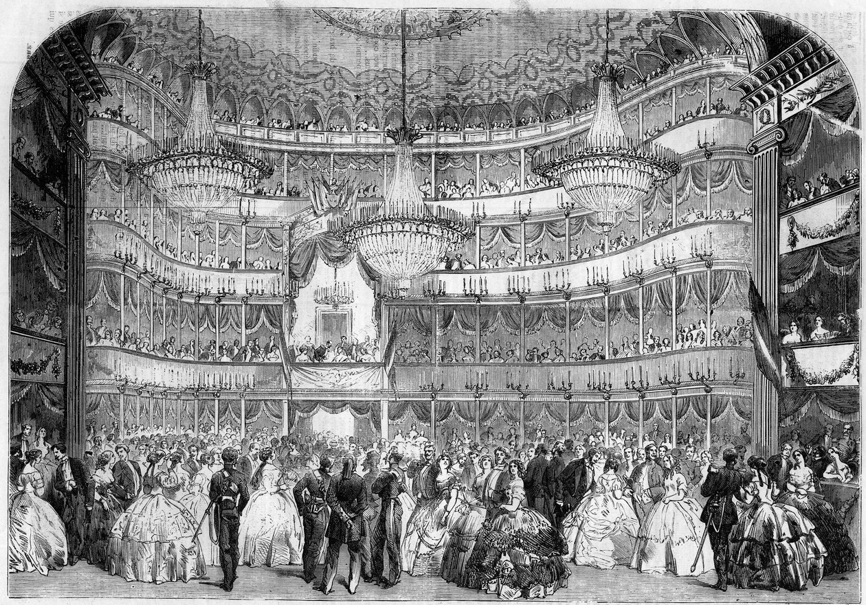 Architektura: widok wnętrza Teatru Królewskiego (XIX w.) w Nicei (Alpes Maritimes, 06), w 1858 r. podczas balu charytatywnego wydanego przez Societe francaise d