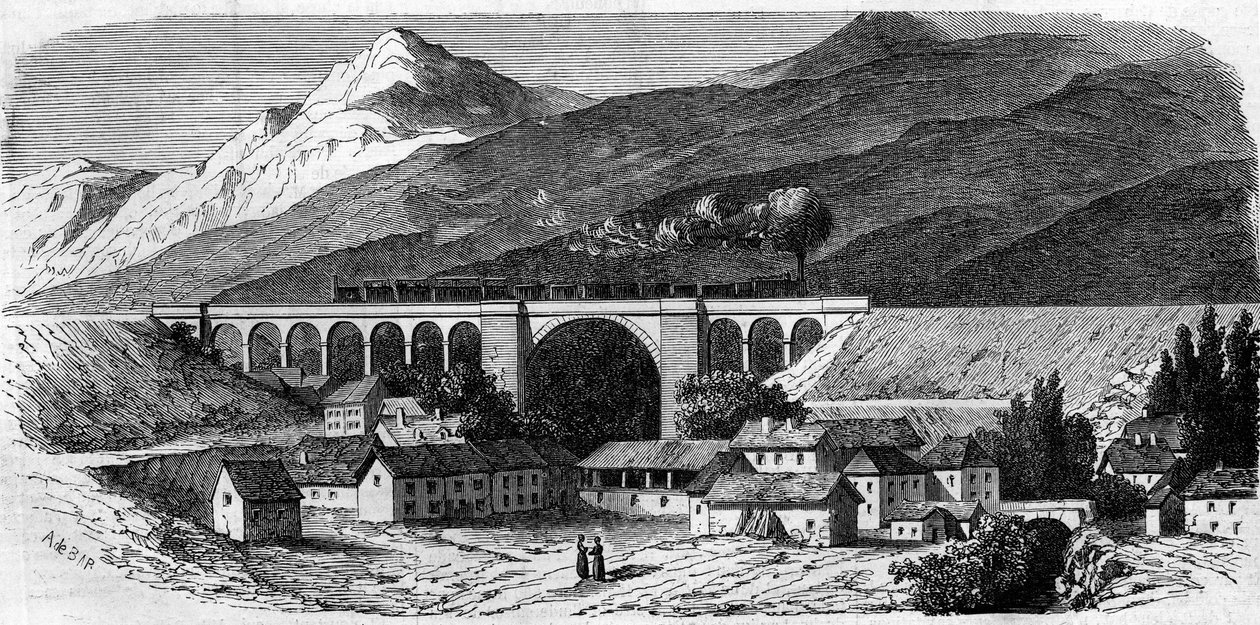 Architektura: widok na wiadukt Bellegarde (Rodan-Alpy) na linii kolejowej łączącej Lyon z Genewą. 1858. Grawer w „”Le Monde Illustré””n°49 z 20 marca 1858. autorstwa French School