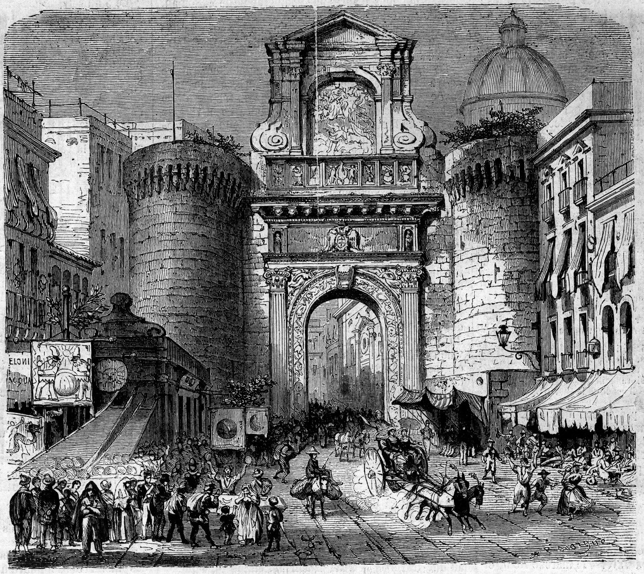 Architektura: widok Porta Capuana (Porta Capuana) (1484) w Neapolu, podczas wjazdu wojsk wyprawy Tysiąca lub Czerwonych Koszul Garibaldiego w 1860 r. Rycina „Le Monde Illustré” n°180 z dnia 22 września 1860 r. autorstwa French School