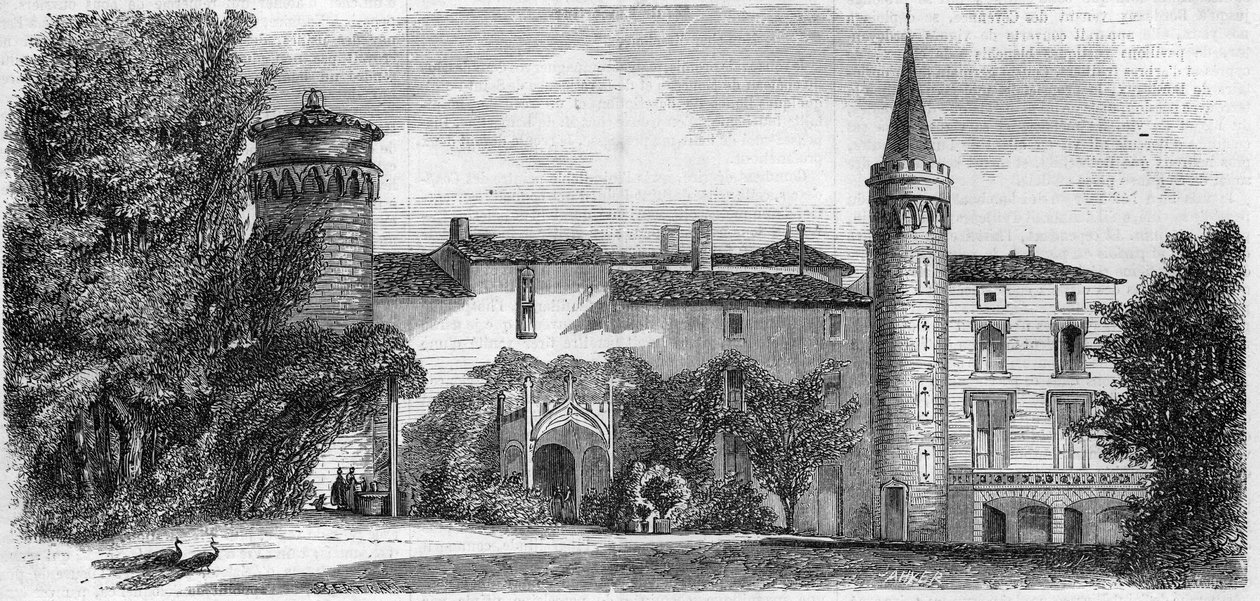 Architektura: widok na zamek Saint Point (Saint-Point) (XIII w.), rezydencja Alphonse de Lamartine. Saone i Loire (71). Grawer w „”Le Monde Illustré””n°29 z 31 października 1857 r. autorstwa French School