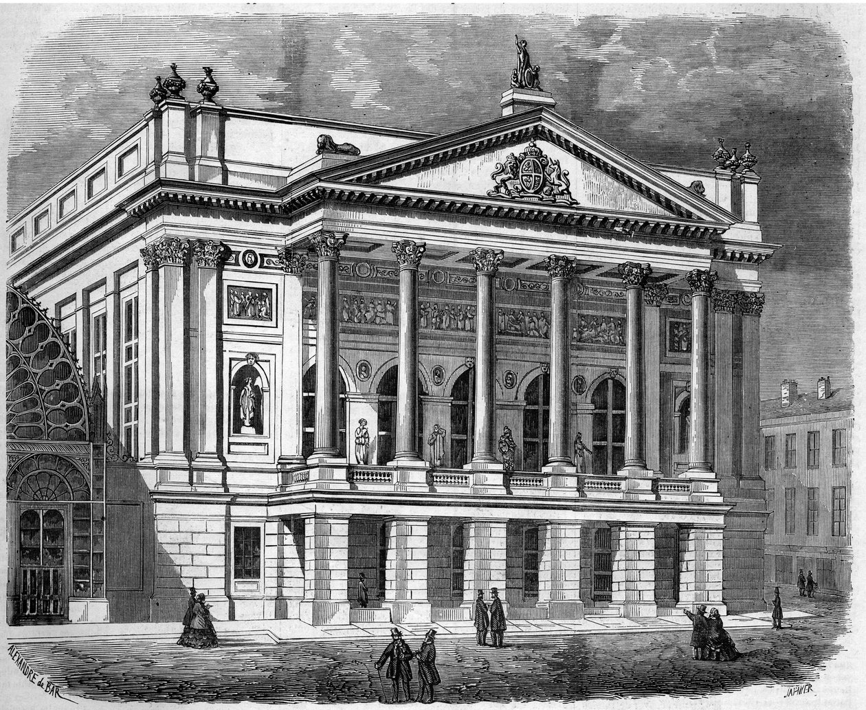 Architektura: widok fasady Teatru Włoskiego w Londynie (Anglia) w 1858 r. Grawer w „Le Monde Illustré” nr 38 z 2 stycznia autorstwa French School