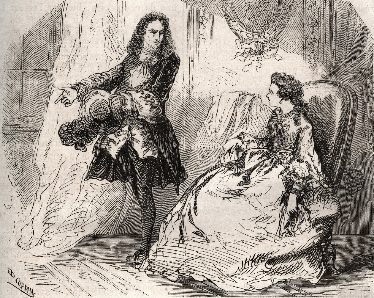 Armande Bejart (1641-1700), żona Jeana Baptiste Poquelin dit Moliere (1622-1673) ze swoim kochankiem, hrabią Guiche, Rycina z 1871 roku w „Histoire Des Cocus Celebres” Henry de Kocka (1819-1892). autorstwa French School