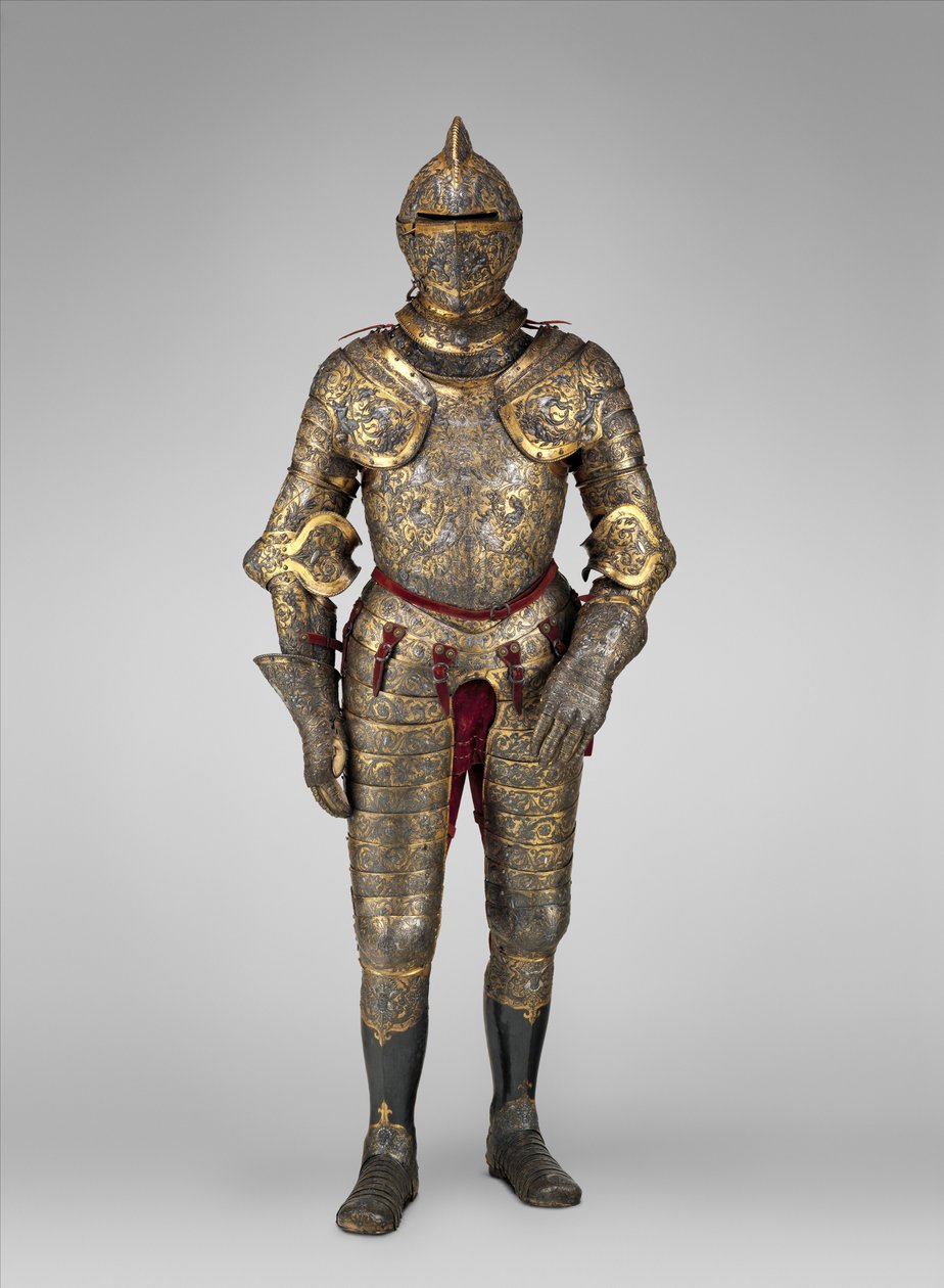 Zbroja Henryka II, króla Francji (panował 1547-59), c.1555 (stal, złoto, srebro, skóra, tkanina)   Data: ok. 1555 Medium: stal, złoto, srebro, skóra, tkanina autorstwa French School