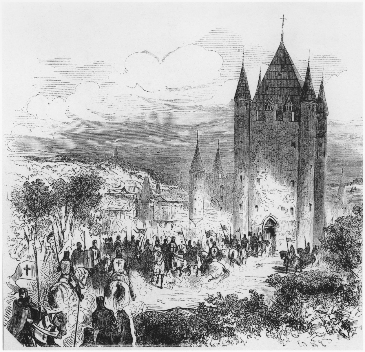 Armia templariuszy wkraczająca do świątyni w Paryżu, ilustracja do Histoire de France, połowa XIX wieku autorstwa French School