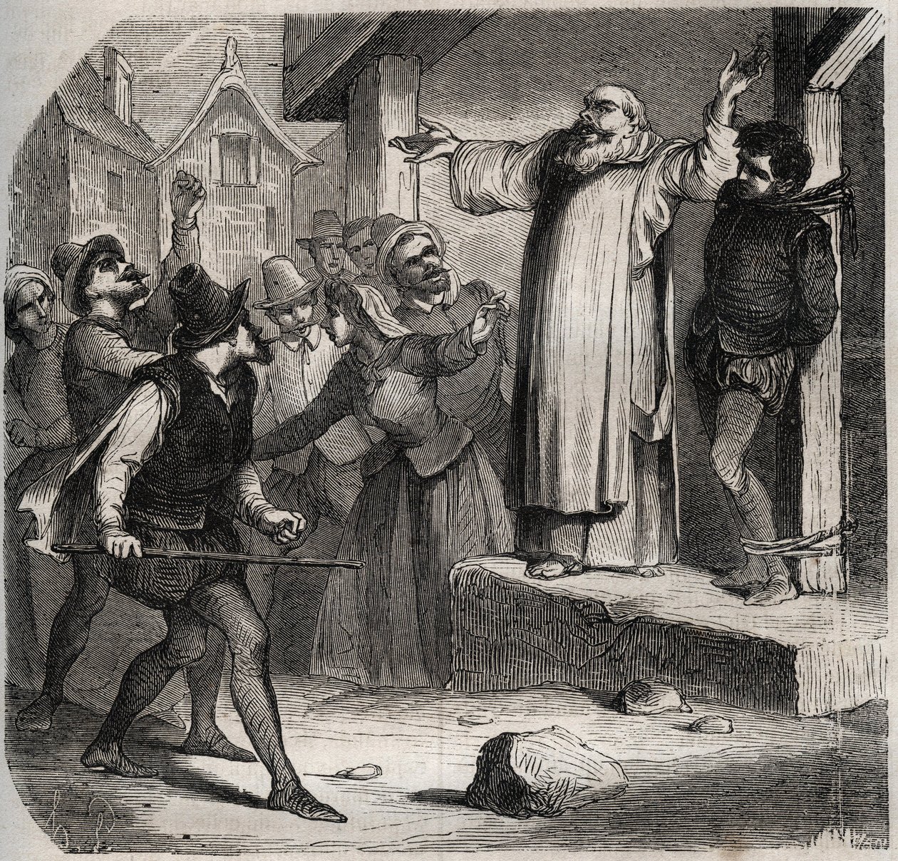 Arnaud du Tilh (Thil) jest przywiązany do szubienicy i przed egzekucją poddany zniewagom tłumu za uzurpację tożsamości Martina Guerre (ok. 1524, ok. 1560). Grawerunek z 1871 r. w „Histoire Des Cocuses Celebres” Henry