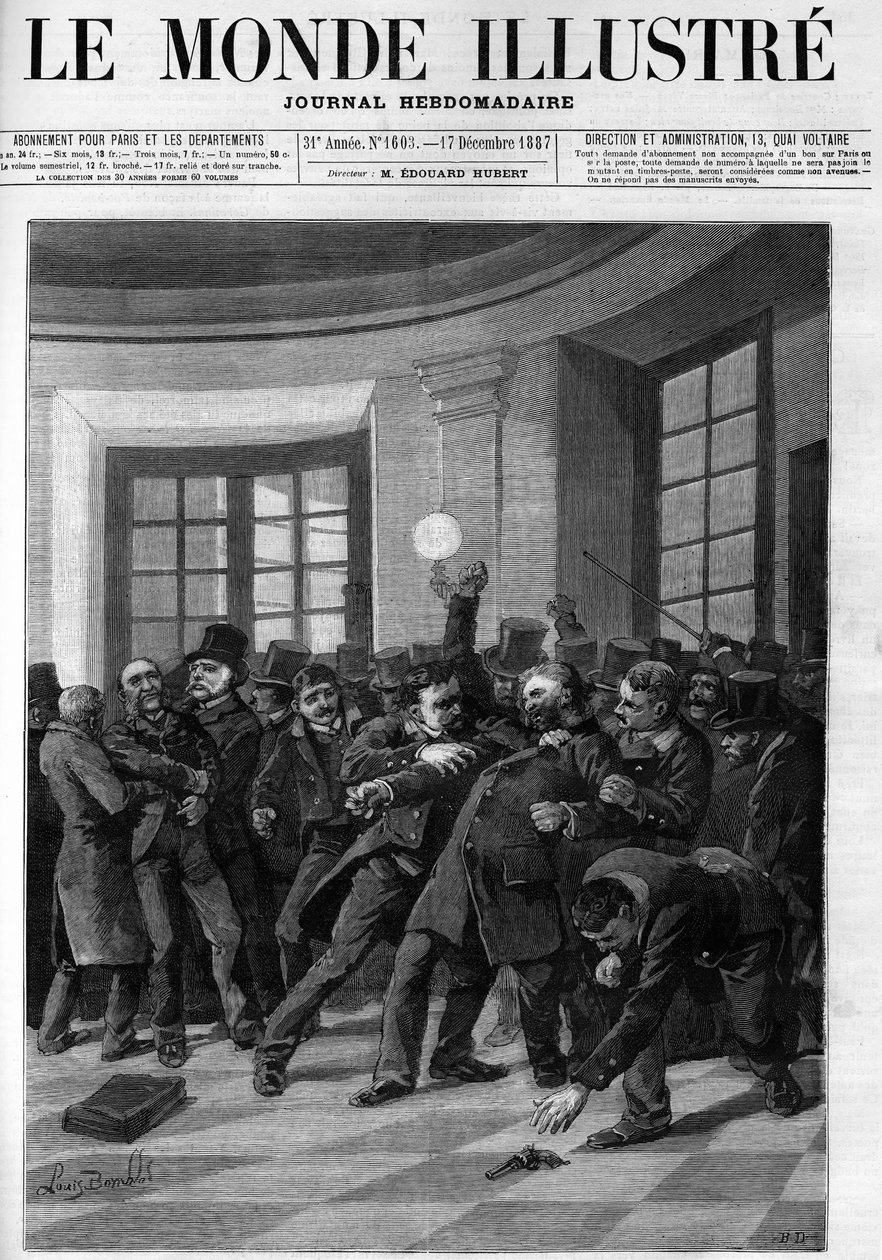 Aresztowanie Aubertina po jego próbie ataku na Jules Ferry w Palais Bourbon w 1887 r. Okładka „The Illustrious World” z 1887 r. autorstwa French School