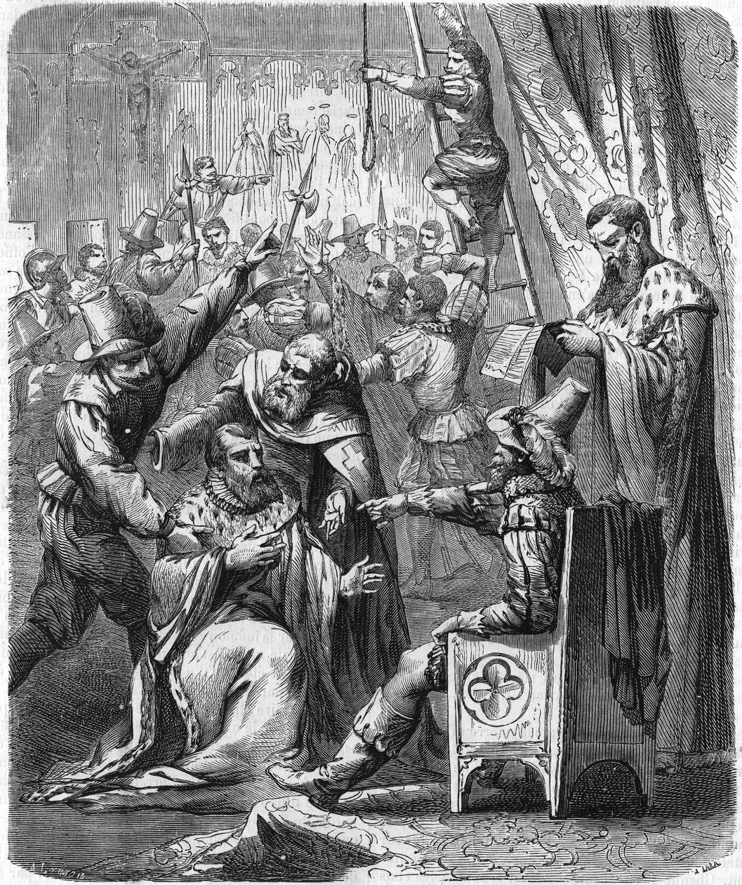 Aresztowanie Brissona i Larchera, dwóch brutalnych legionistów wojny domowej w XVI wieku. W „”Histoire Populaire de la France””, sd. ok. 1885 r. Grawerowanie. autorstwa French School