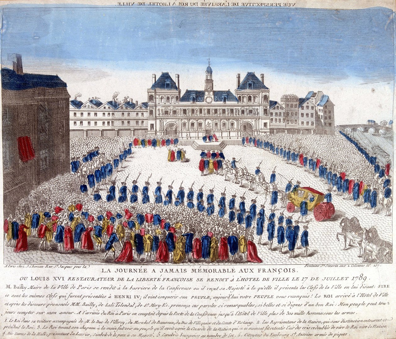 Przybycie Ludwika XVI do Hôtel de Ville w Paryżu 17 lipca 1789 - grawerowanie autorstwa French School