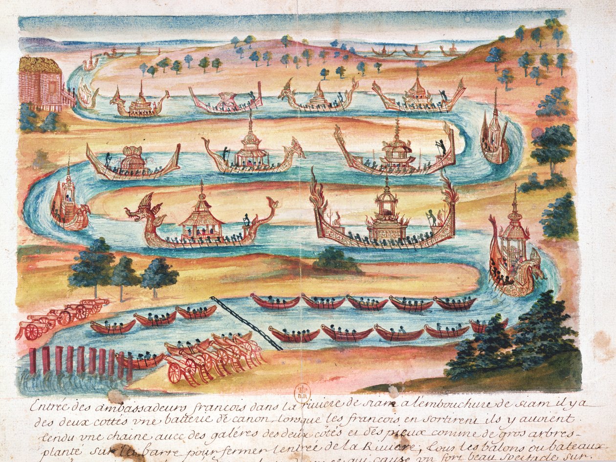 Przybycie ambasadorów francuskich do Syjamu, z relacji jezuitów w Syjamie, 1688 (wc na papierze) autorstwa French School
