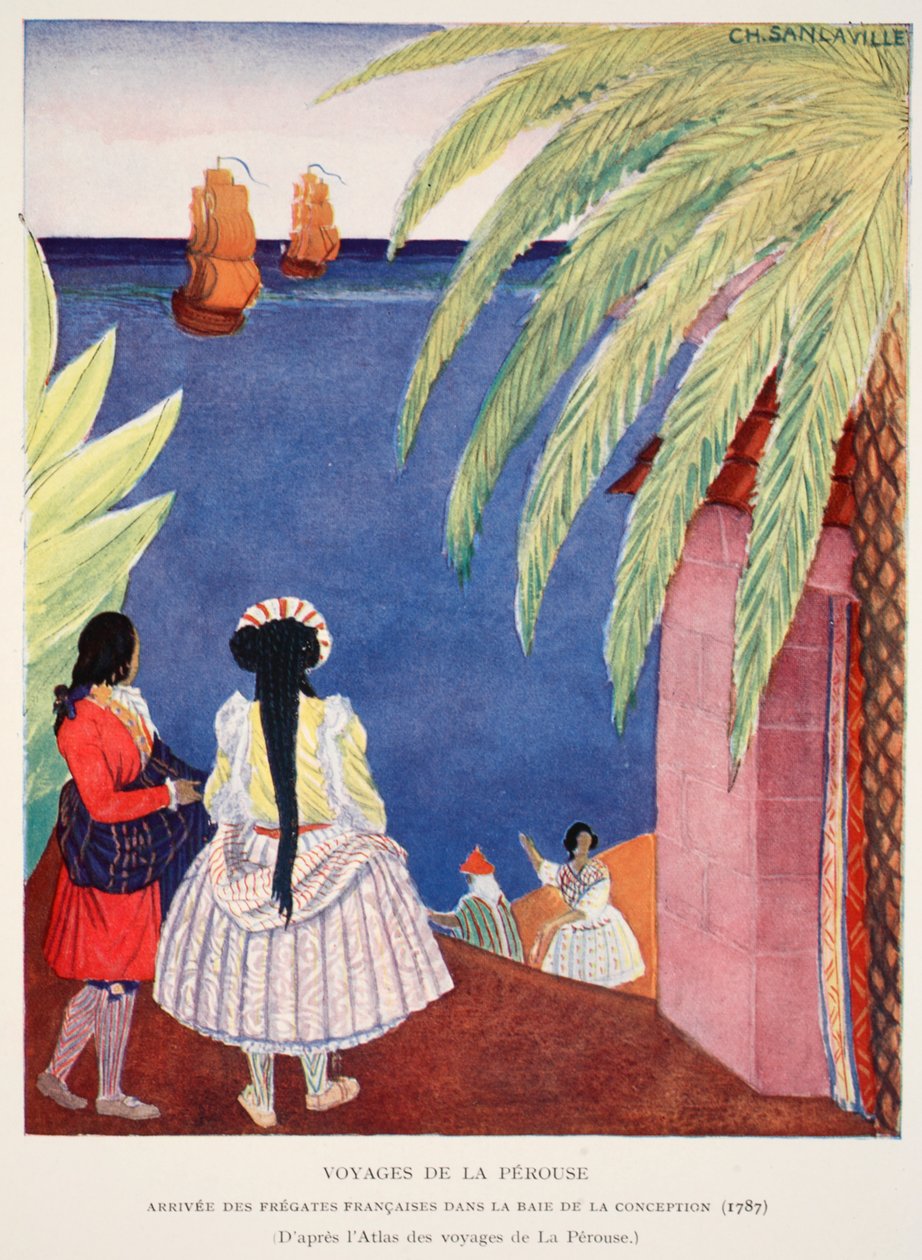 Przybycie francuskich fregat do Zatoki Poczęcia, Voyages of Perouse, kopia M. Charles Sanlaville (fl.1920-30), ilustracja z Histoire de la Nation Francaise autorstwa Gabriela Hanotaux (1853-194) autorstwa French School