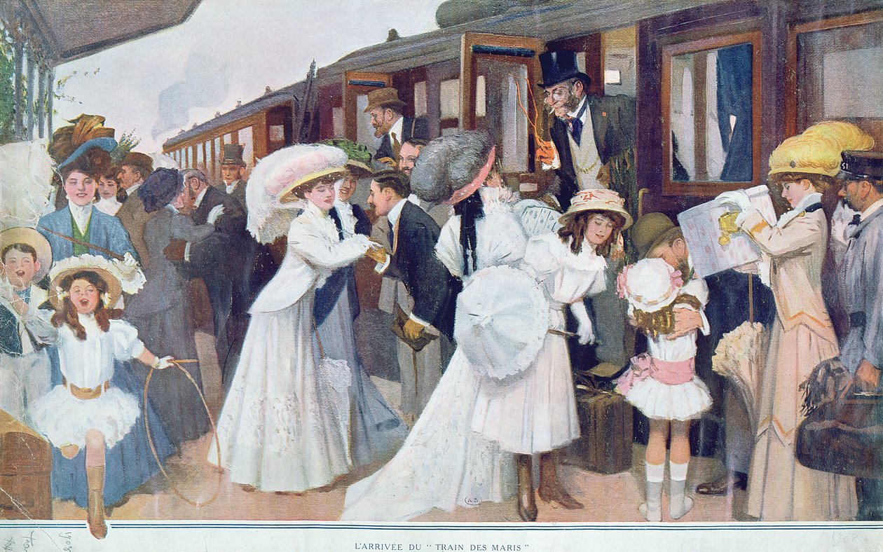 Przyjazd mężów pociągiem, 1908 autorstwa French School