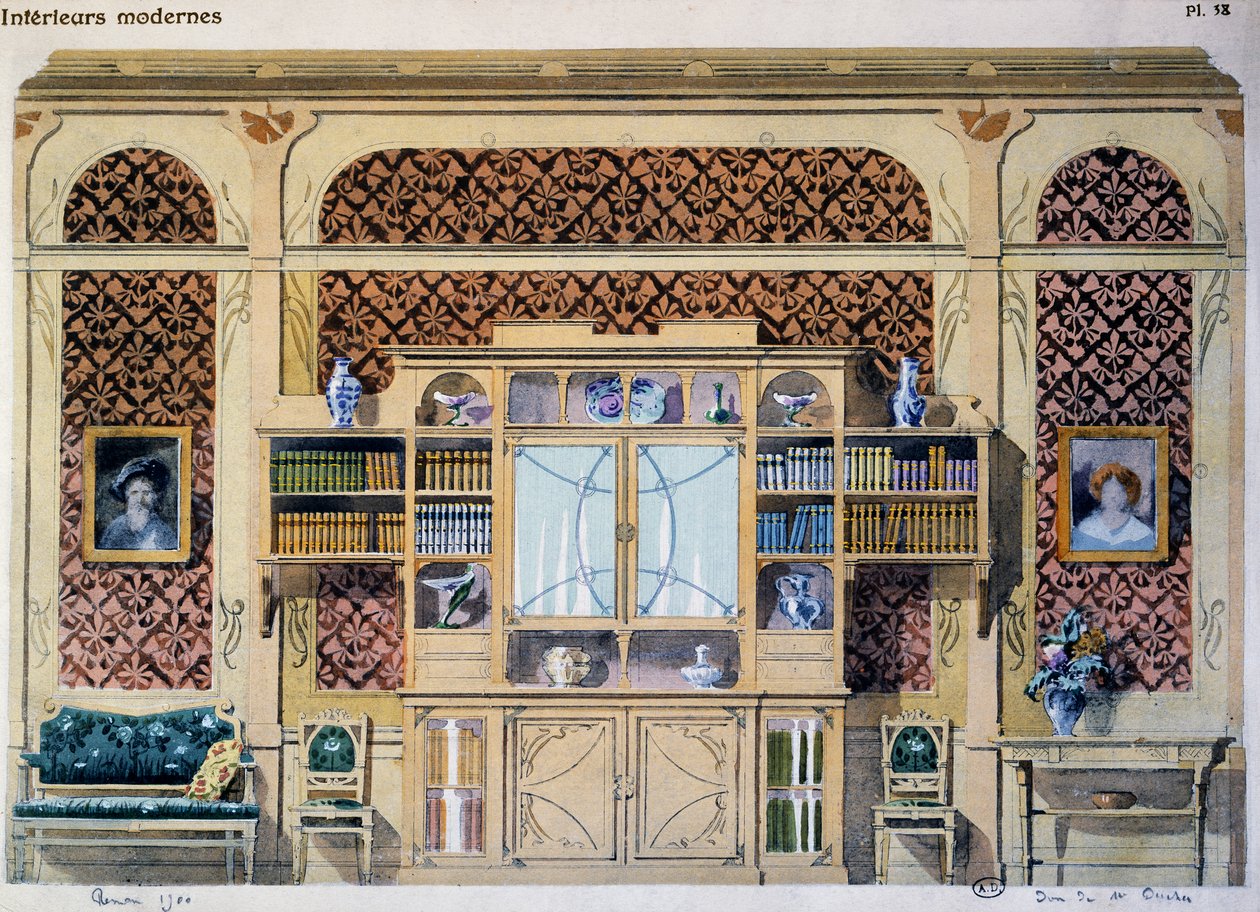 Biblioteka w stylu secesyjnym, ilustracja z magazynu Interieurs Modernes (Wnętrza nowoczesne) autorstwa French School