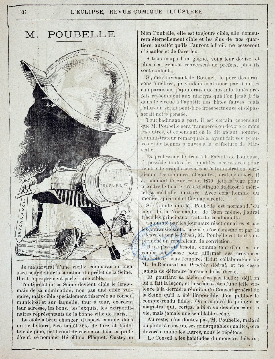 Artykuł i rysunek na temat Eugene Poubelle (1831-1907), prefekta Sekwany i wynalazcy pojemników na śmieci w 1884. 10.04.1885. Paryż, prefektura policji autorstwa French School