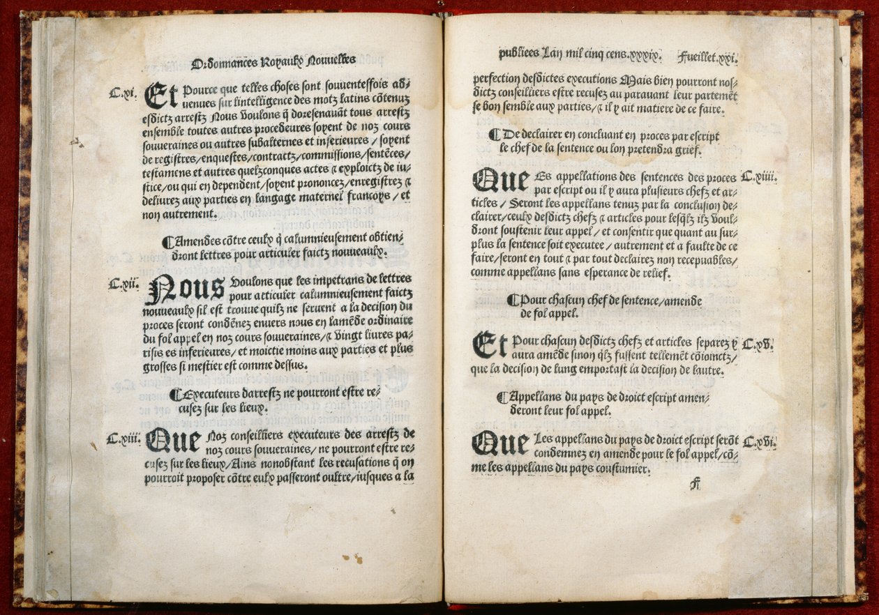 Artykuły 106, 107, 108 rozporządzenia Villers-Cotterets, 1539 (papier drukowany) autorstwa French School