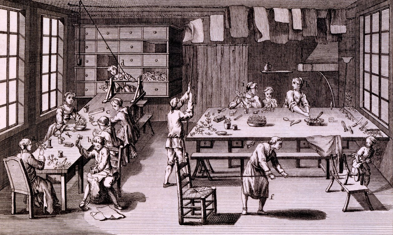 Sztuczna kwiaciarnia, ilustracja z Encyclopaedia or a Systematic Dictionary of the Sciences, Arts and Crafts autorstwa Denisa Diderota, opublikowana w 1765 r. autorstwa French School