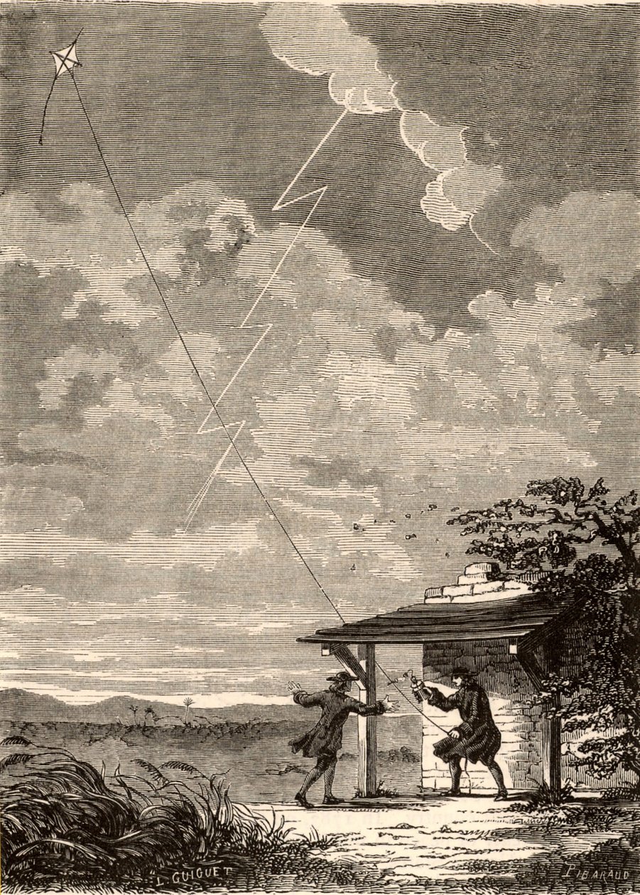 Wizerunek Benjamina Franklina badającego elektryczną naturę błyskawicy, z "Les Merveilles de a Science", autorstwa Louisa Figuiera, ok. 1870 r. (rycina) autorstwa French School