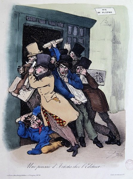 Artyści oblegający drzwi Wydawnictwa, ok. 1830 (kolor lito) autorstwa French School