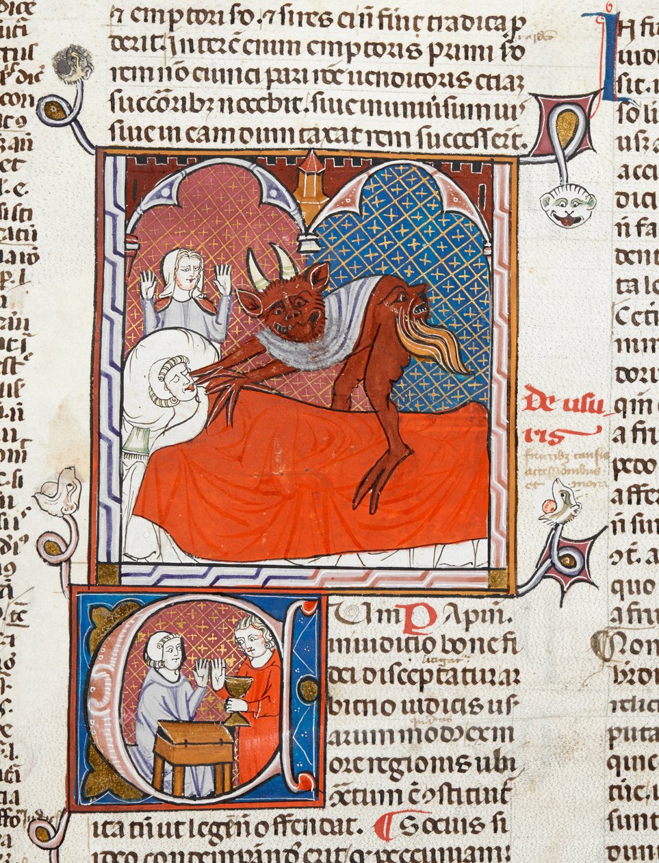 Arundel 484 f.245 Diabeł lub demon na łóżku zmarłego, ilustracja z Digestum Vetus z gloss ordinaria, Justynian, ok. 1300-10 (welum) autorstwa French School