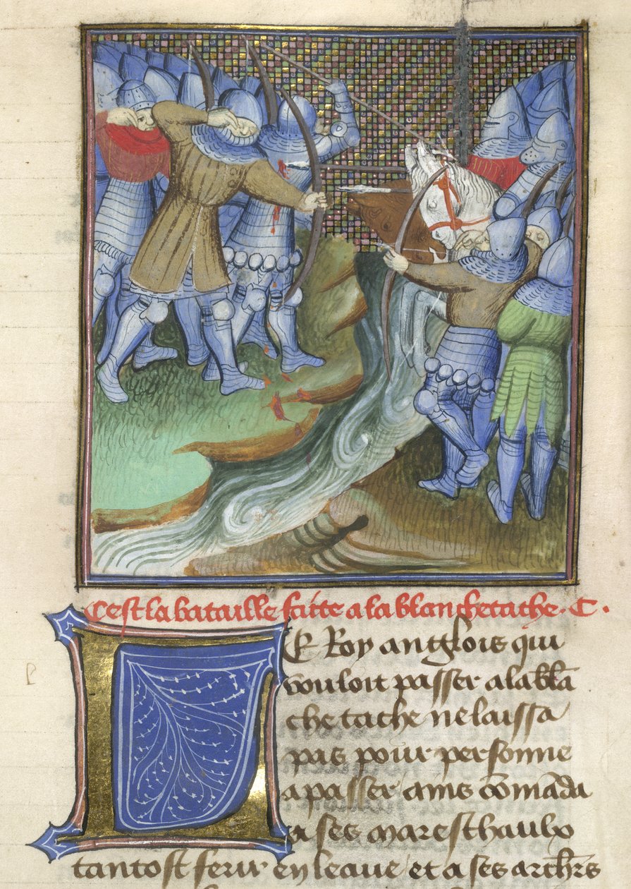 Arundel 67, f.144, średniowieczni żołnierze walczący po drugiej stronie rzeki, z Chroniques d