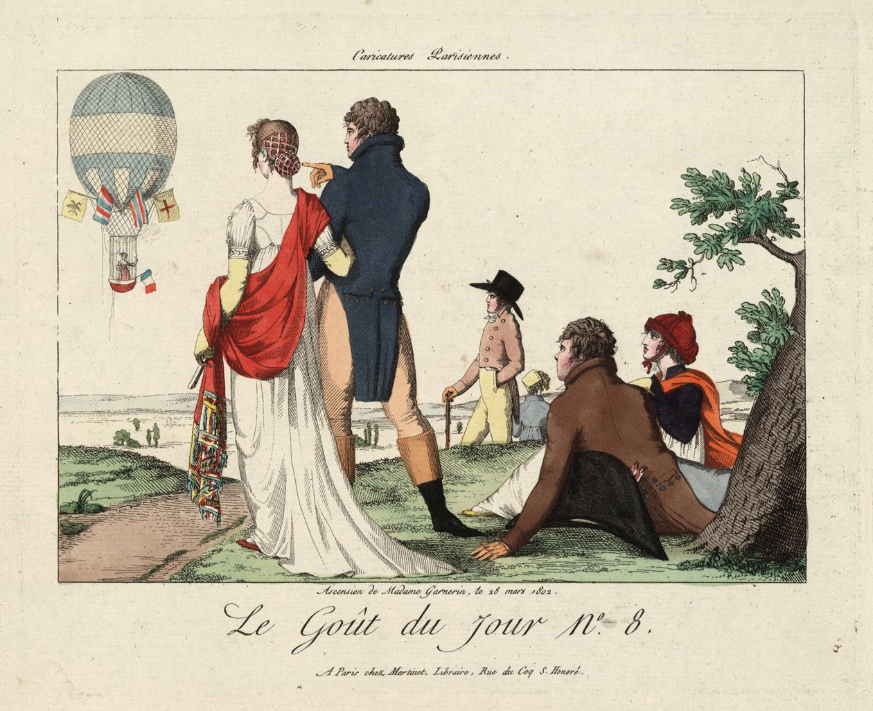 Wejście Madame Garnerin, 28 marca 1802 r. z Le Gout du Jour nr 8, ok. 1870 r. (rycina ręcznie kolorowana) autorstwa French School