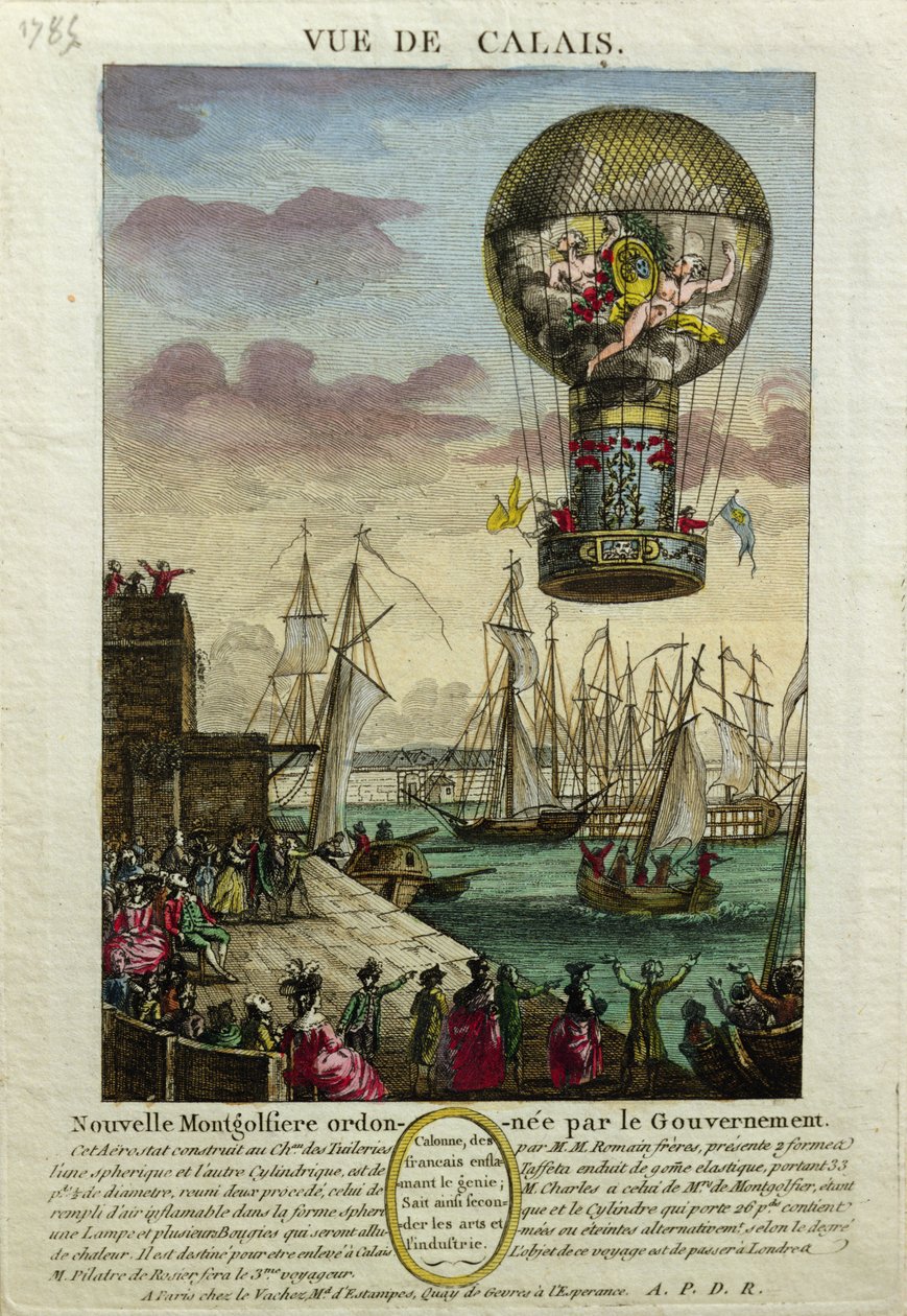 Wejście balonu na ogrzane powietrze Mongolfiere w Calais w 1785 r. autorstwa French School