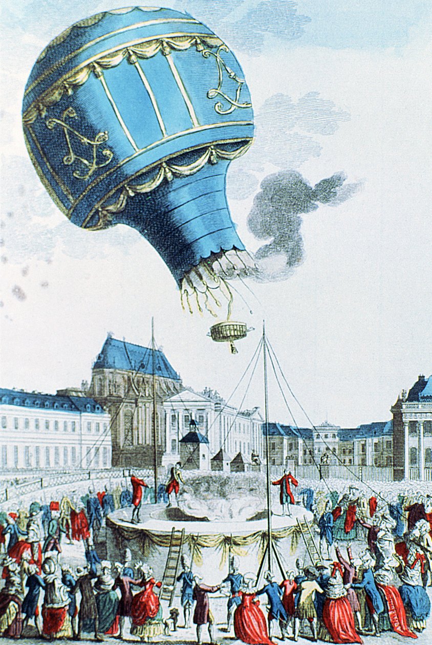 Wejście balonem na ogrzane powietrze braci Montgolfier przed rodziną królewską w Wersalu w 1783 roku (kolorowe grawerowanie) autorstwa French School