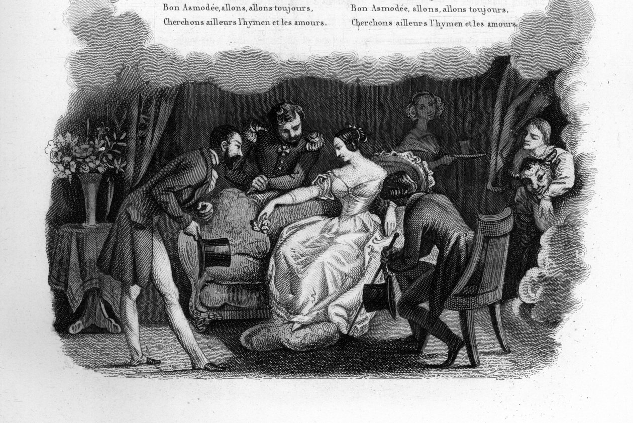 Asmodee. Piękna młoda kobieta w salonie zabiegała o trzech pretendentów, w tym dandysa i żołnierza. Grawer w „”Chants et chansons populaire de la France””, Tom 2 autorstwa French School