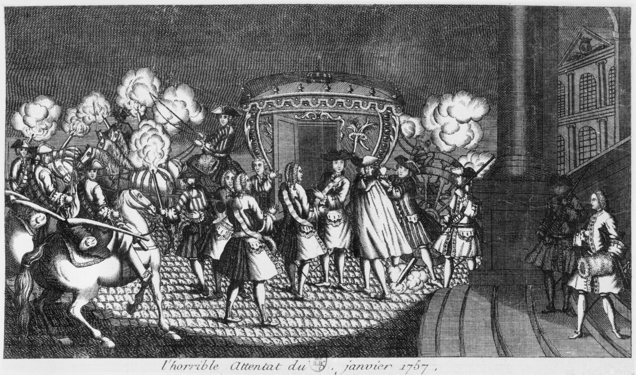 Zamach na króla Ludwika XV (1710-1774) dokonany przez Roberta Francois Damiensa 5 stycznia 1757 autorstwa French School