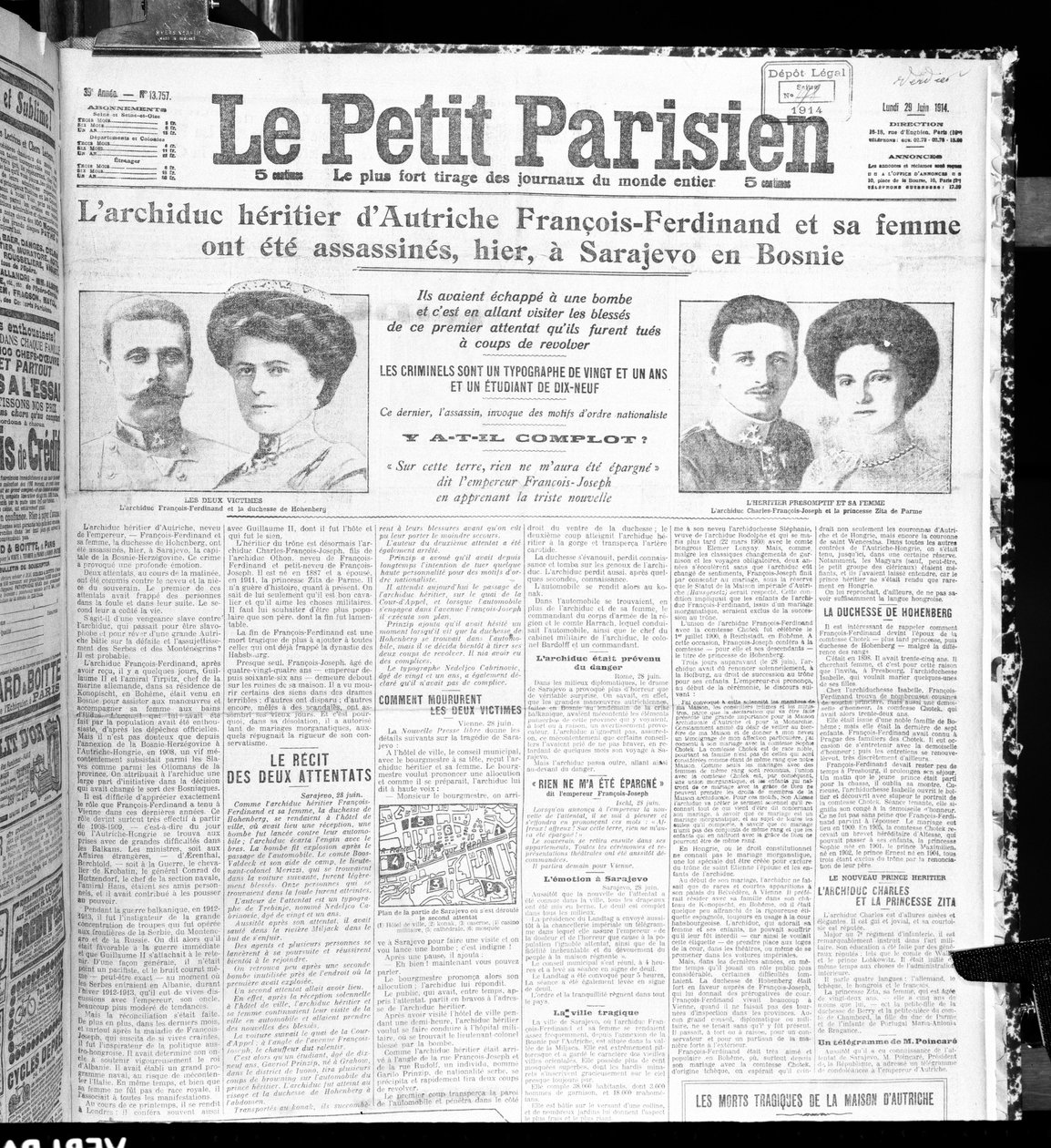 Zamach na arcyksięcia Franciszka Ferdynanda Austrii (1863-1914) i jego żony z Le Petit Parisien, 29 czerwca 1914 autorstwa French School