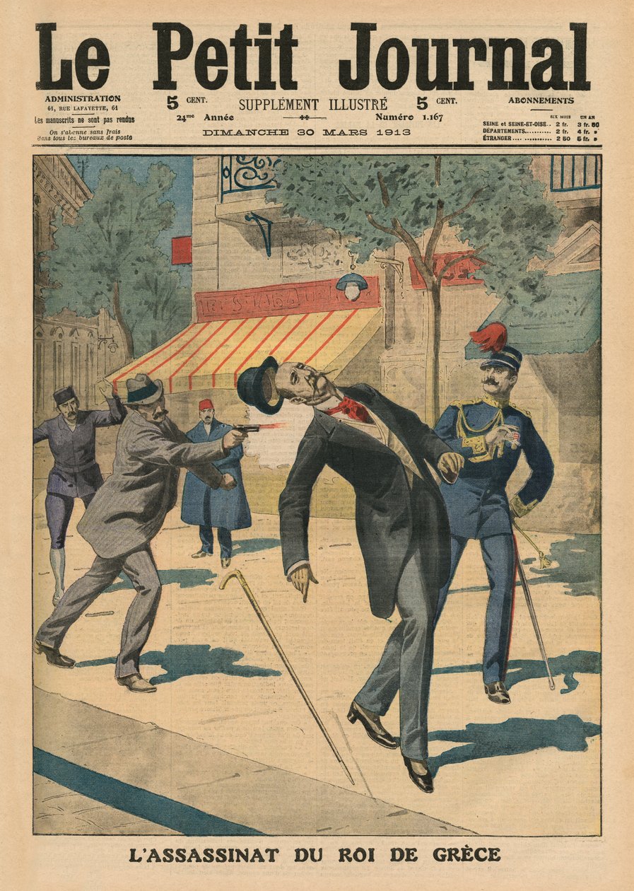 Zamach na króla Grecji Jerzego I, ilustracja na okładce z „Le Petit Journal”, dodatek illustre, 30 marca 1913 (kolor lito) autorstwa French School