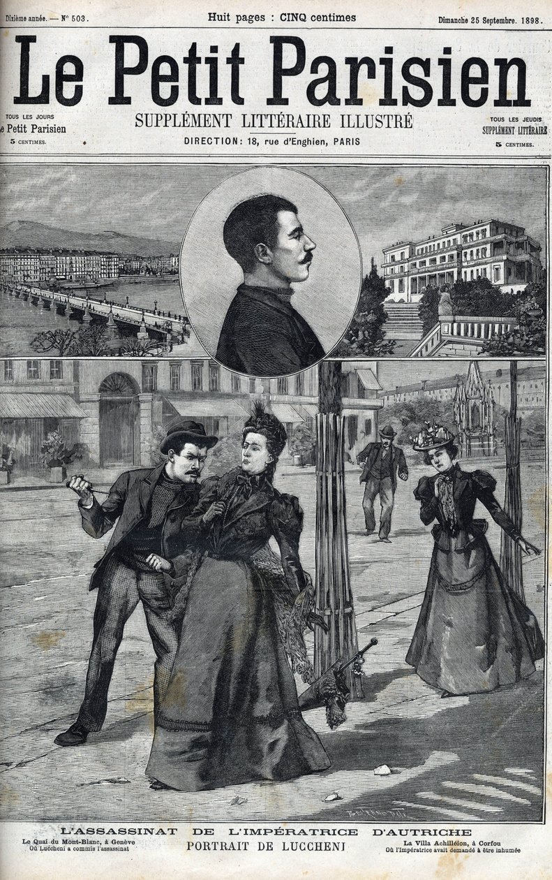 Zabójstwo cesarzowej Elżbiety Austrii (Sissi) przez włoskiego anarchistę Luccheni w Genewie w 1898 r. Okładka „”Le petit Parisien”” z 1898 r. – Zabójstwo cesarzowej Elżbiety Austrii (Sissi) przez włoskiego anarchistę Luigiego Lucheni, w Genewie autorstwa French School