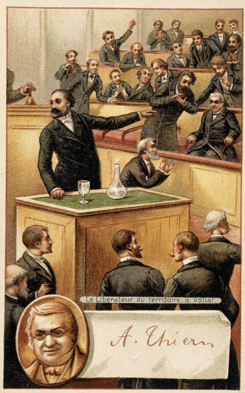 Zgromadzenie dopingujące Thiersa „”wyzwoliciela terytorium”” i portret w medalionie - chromo., koniec XIX wieku. autorstwa French School