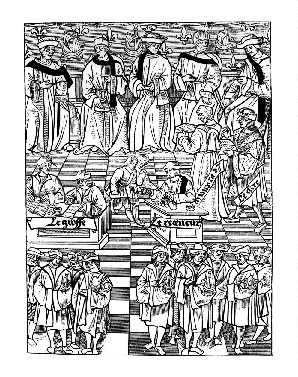 Zgromadzenie Provostship of the Merchants of Paris, według drzeworytu w Ordannances Royaux de la Jurisdiction de la Prevote de Marchands et Eschevinage de la Ville de Paris autorstwa Jacquesa Nyverda, publis autorstwa French School