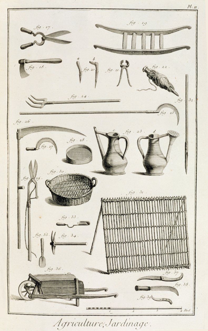 Asortyment narzędzi ogrodniczych, z Encyclopedie des Sciences et Metiers autorstwa Denisa Diderota (1713-84) opublikowany ok. 1770 autorstwa French School