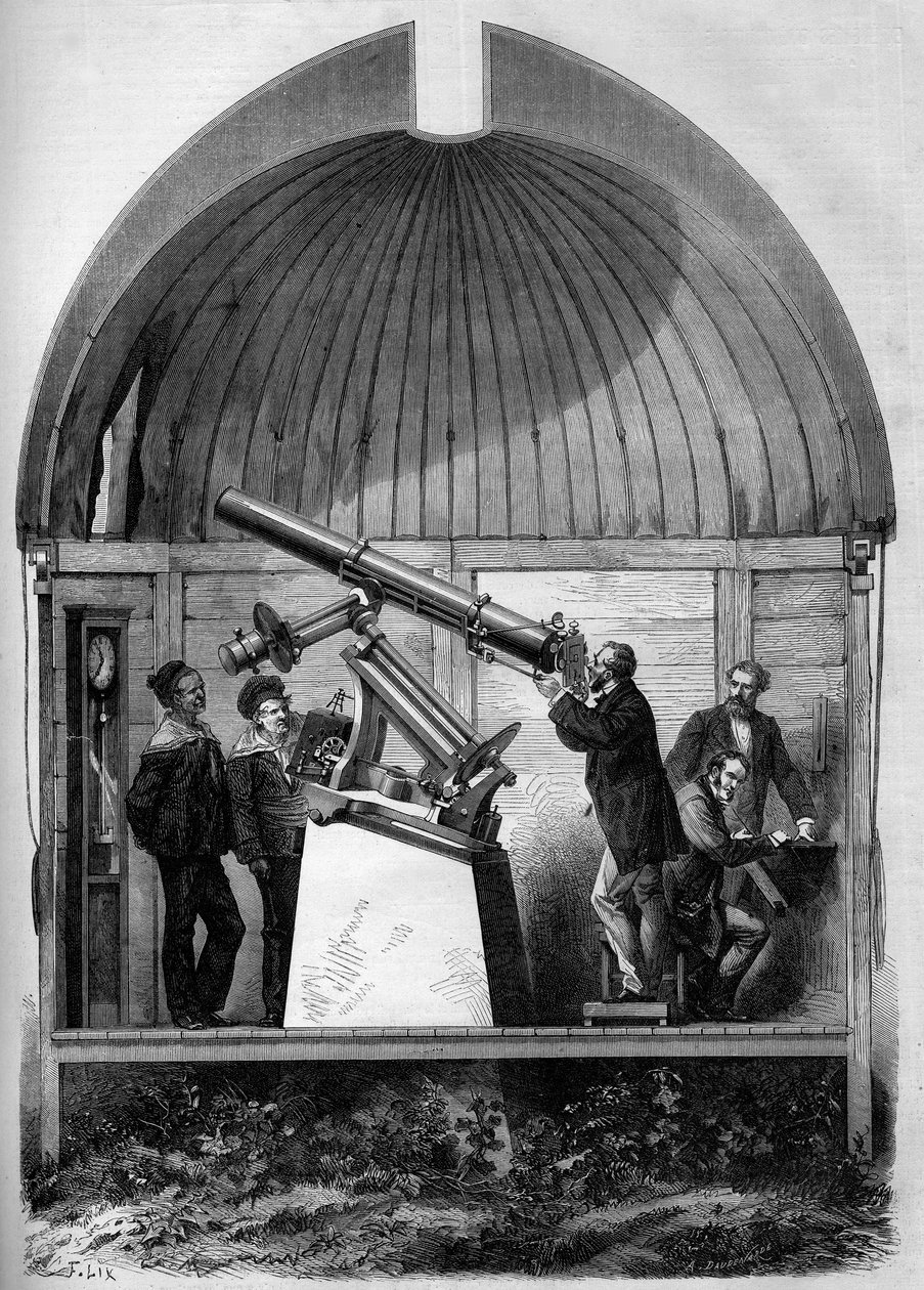 Astronomia: francuska ramka astronomiczna przetransportowana do Jokohamy (Japonia), aby obserwować planetę Wenus przechodzącą obok Słońca. Grawer w „”Le Monde Illustré””n°904 z 8 sierpnia 1874 r. autorstwa French School