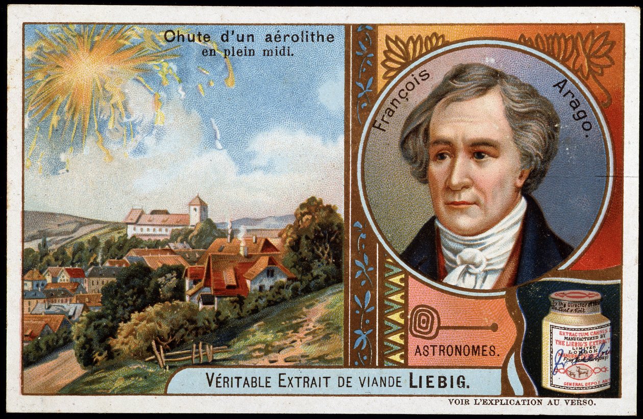 Astronomia: upadek aerolitu w środku południa, z portretem Francois Arago (1786-1853) - chromolitografia Liebiga autorstwa French School