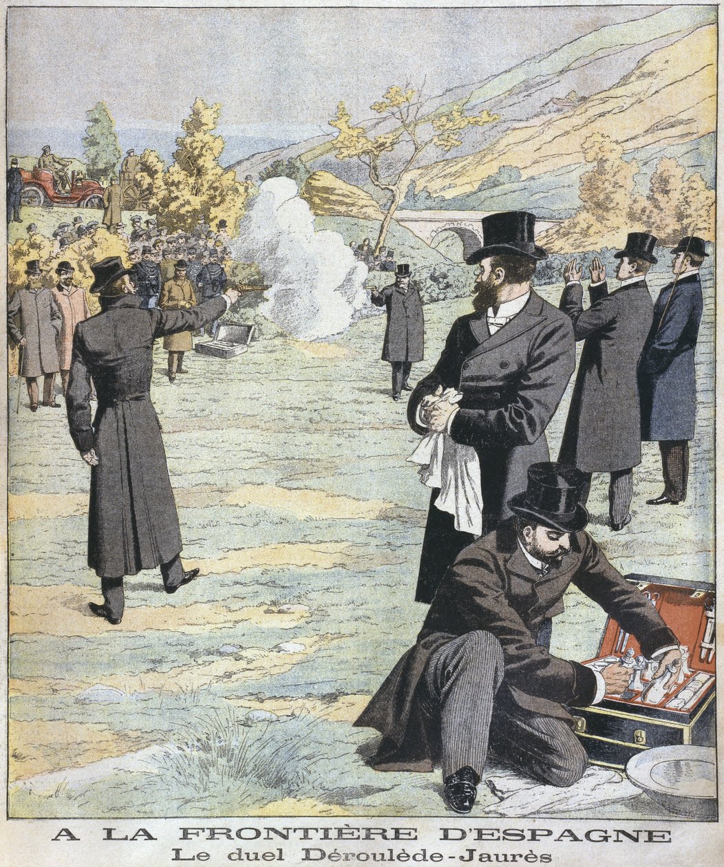 Na granicy hiszpańskiej, pojedynek między Paulem Deroulede i Jeanem Jauresem, ilustracja z Le Petit Journal: Supplement illustre, 18 grudnia 1904 autorstwa French School