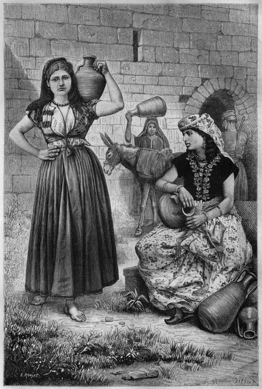 Przy studni, Hiram, z dzisiejszej Syrii. Podróżuje po Fenicji, Libanie i Judei. 1875-1880 Louis Charles Emile Lortet, 1884 (bw grawerowanie) autorstwa French School
