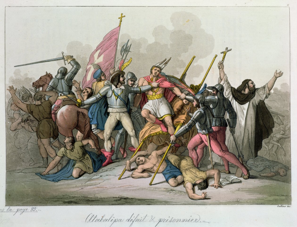 Atahualpa (ok.1502-33) pokonany i wzięty do niewoli przez wojska Francisco Pizarro (ok.1478-1541) 1820 autorstwa French School