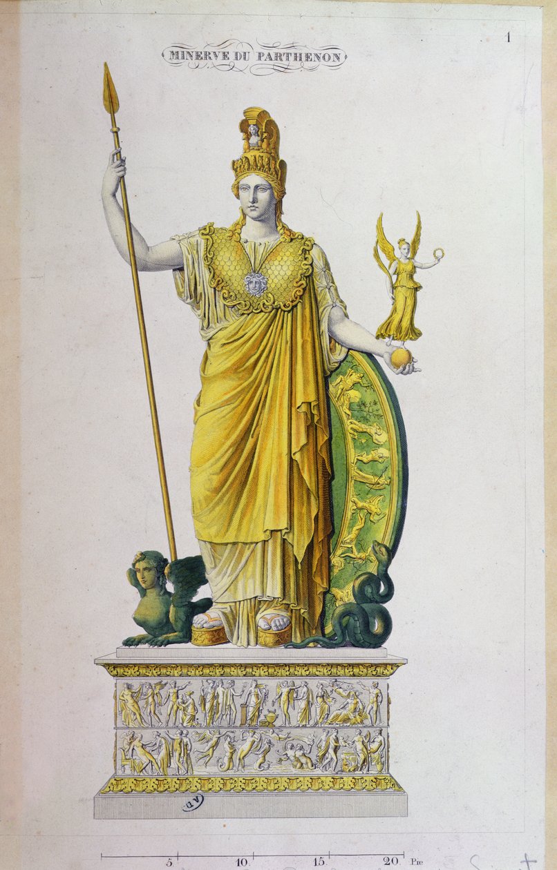 Atena Parthenos, posąg z Partenonu, Ateny (kolorowe grawerowanie) autorstwa French School