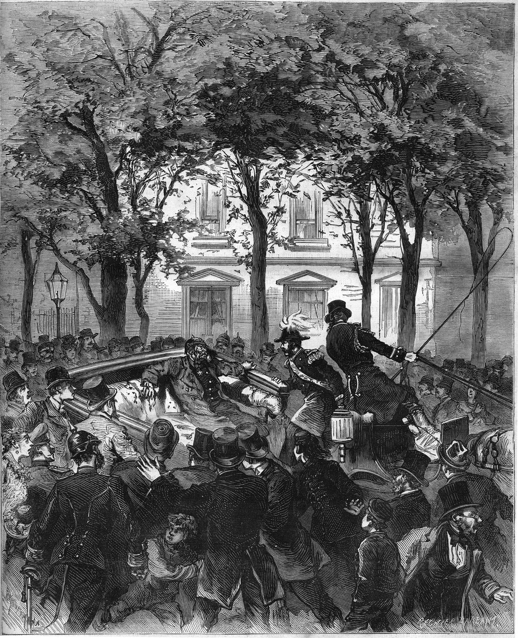 Atak na cesarza niemieckiego Wilhelma II (1797-1888), Berlin, 2 czerwca 1878: cesarz został ranny strzałem niemieckiego anachisty Karla Nobilinga. Grawer w „”Le Monde Illustré””n¡1106 z 8 czerwca 1878 r. autorstwa French School