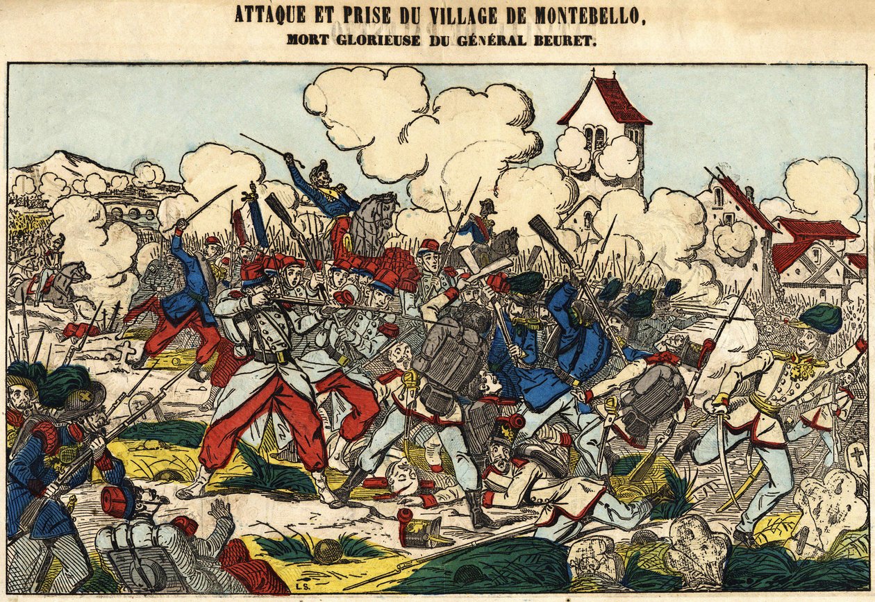 Atak i zdobycie wioski Montebello, chwalebna śmierć generała Beureta w 1859 roku. Obraz Epinal autorstwa French School