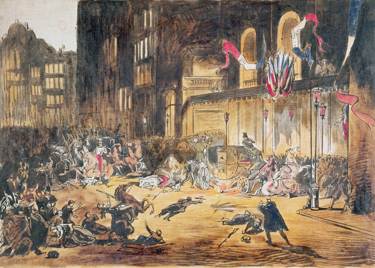 Próba życia Napoleona III i jego żony Eugenii autorstwa Felice Orsini i trzech wspólników 4 stycznia 1858 w Paryżu (kolorowe grawerowanie) autorstwa French School