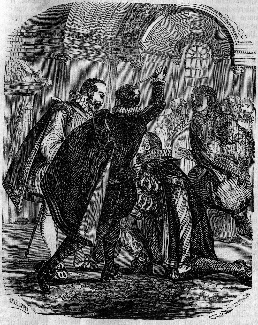 Próba zabójstwa Jeana Chastela (Jean Chatel) (1575-1594) na króla Francji Henryka IV w dniu 27 grudnia 1594. Rycina z XIX wieku. autorstwa French School