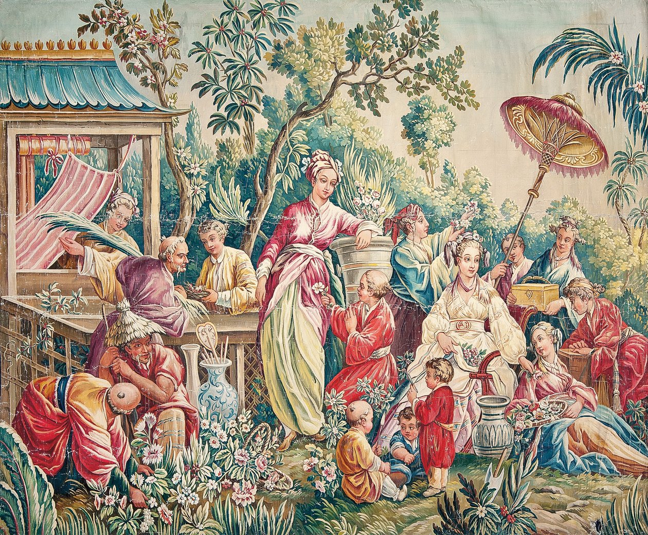 Kreskówka Aubusson na ścianę z postaciami w orientalnym ogrodzie autorstwa French School